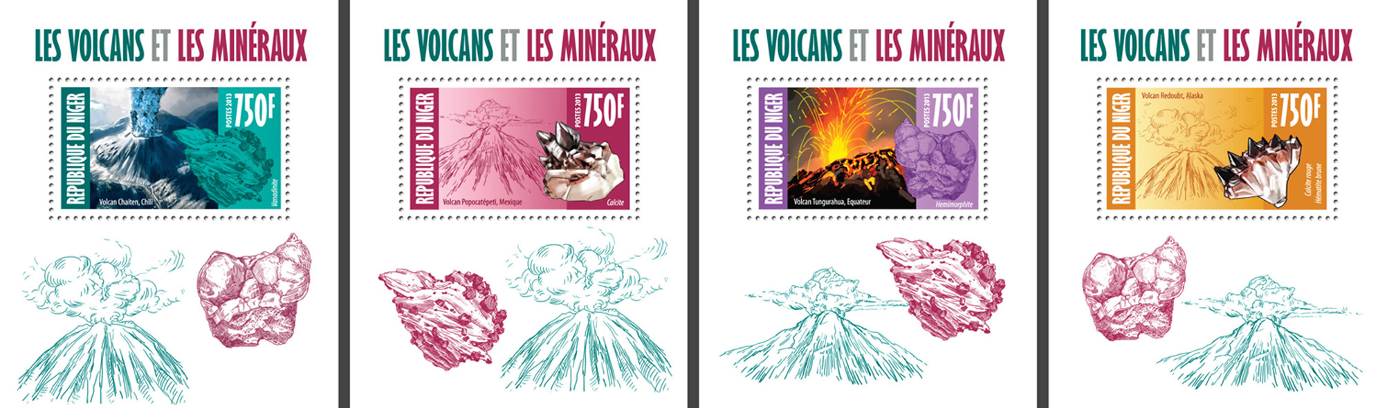 Volcanoes and minerals - Issue of Niger postage stamps